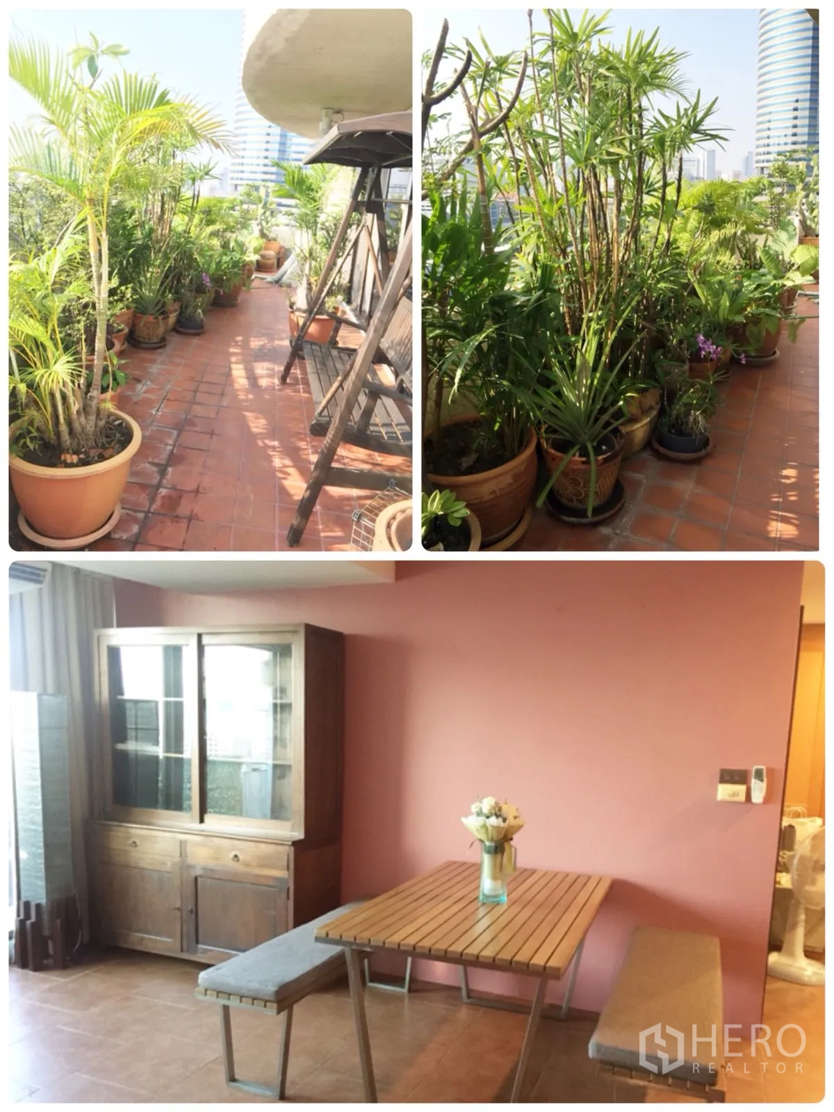 คอนโด ให้เช่าในWatthana, Bangkok - ระเบียงขนาดใหญ่ปูพื้นกระเบื้องสีอิฐ รายล้อมด้วยต้นไม้กระถาง เห็นวิวเมือง พร้อมชิงช้าไม้