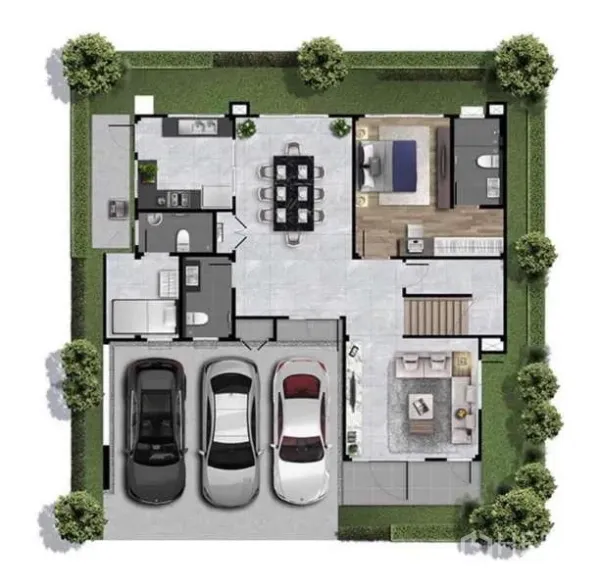 Detached House for rent in Bang Phli, Samut Prakan - Ground-floor plan showing open-plan dining, kitchen, living area and multi-car covered parking.