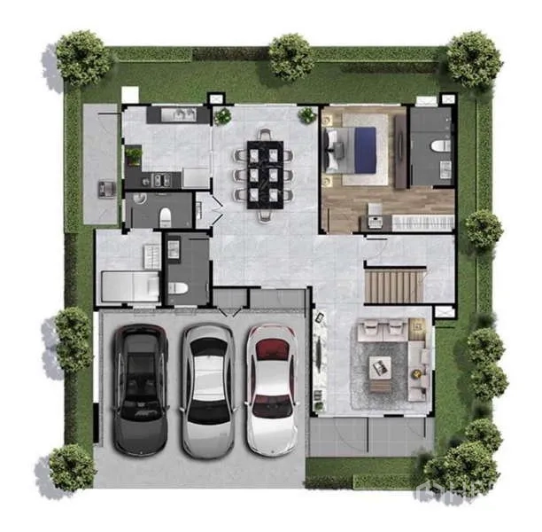 Detached House for rent in Bang Phli, Samut Prakan - Ground-floor plan showing open-plan dining, kitchen, living area and multi-car covered parking.