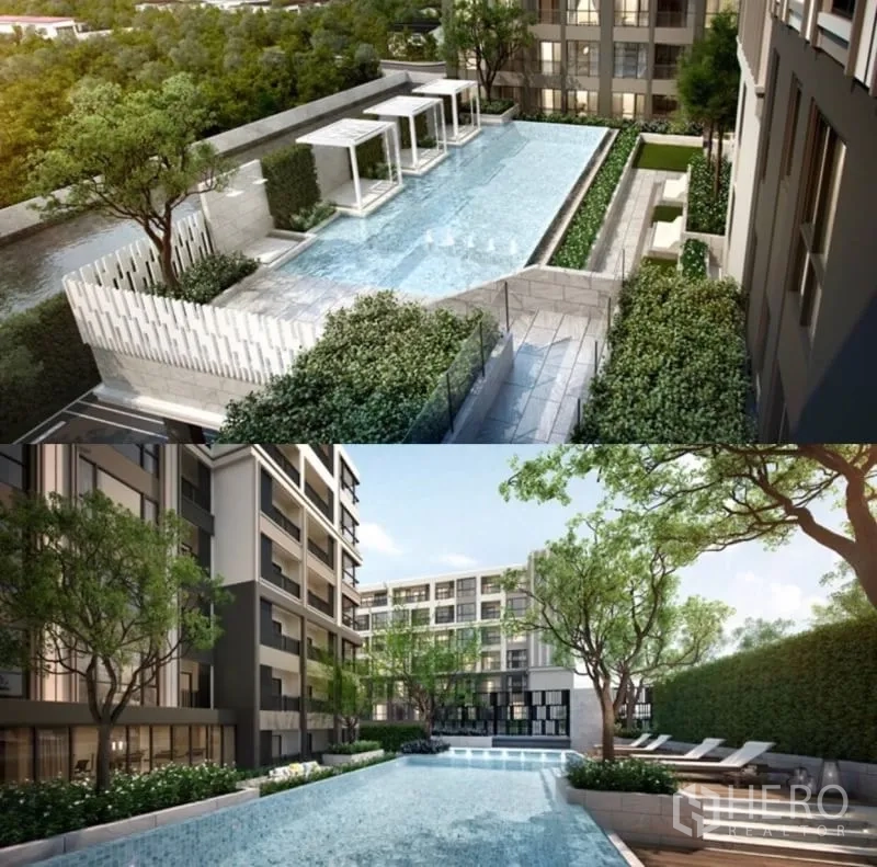 公寓 出售在Phra Khanong, Bangkok - 架空景观泳池，设凉亭、躺椅与茂盛花园。