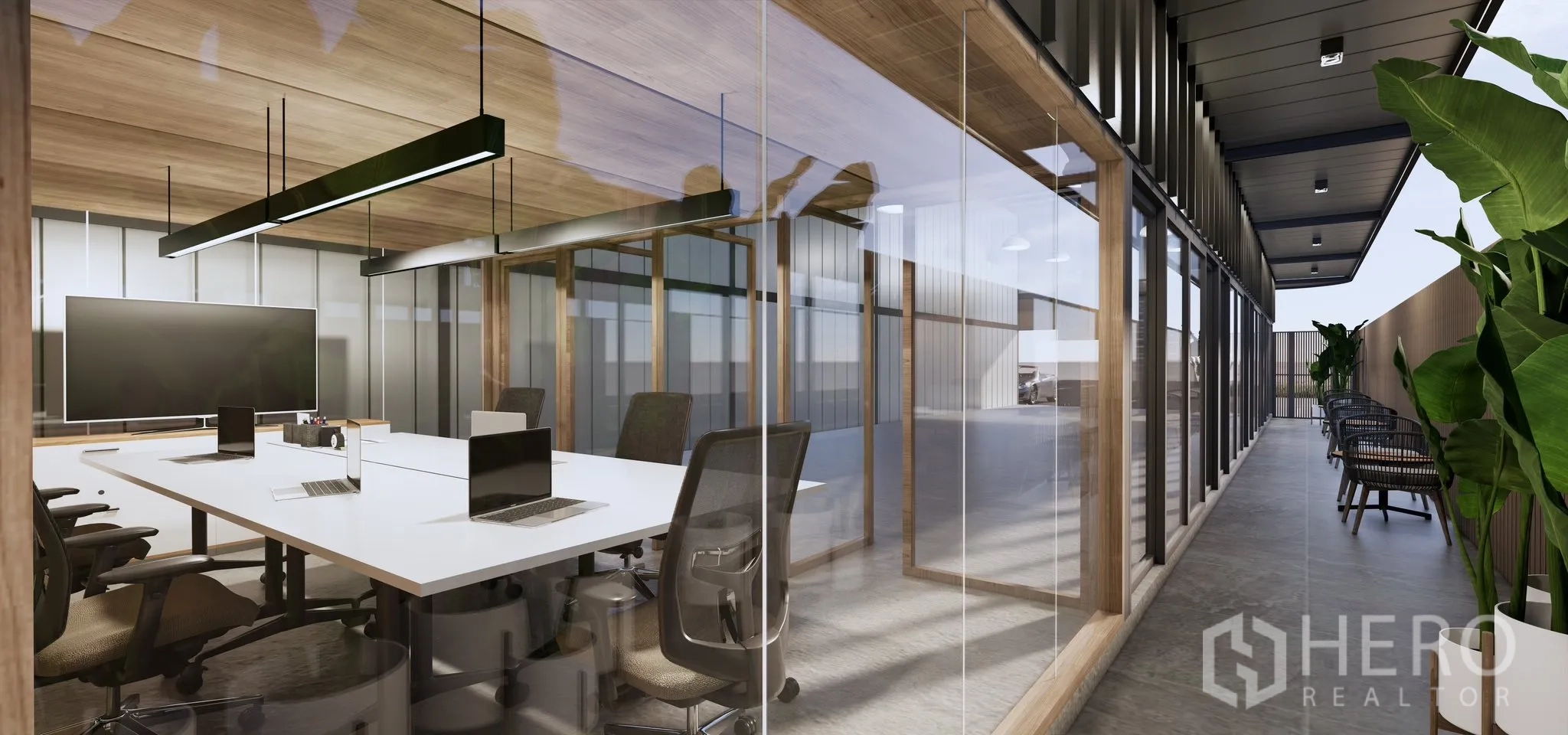 โกดัง for rent in Bang Kapi, Bangkok - ห้องประชุมผนังกระจก โต๊ะยาว มองเห็นพื้นที่โกดังด้านใน