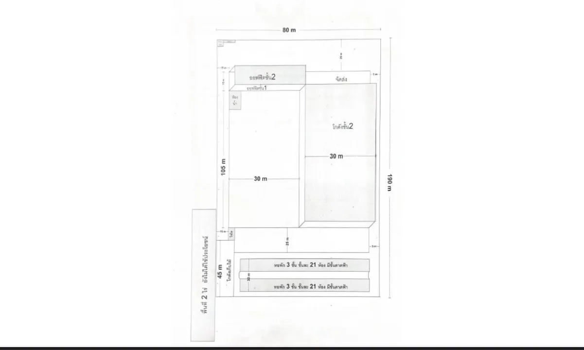 工厂 出租或出售在Sai Noi, Nonthaburi - 场地总平面示意图，显示建筑布局与尺寸