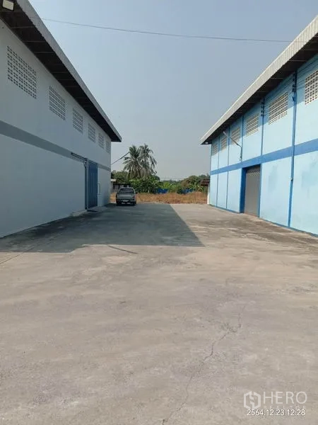 Factory for rent in Lat Lum Kaeo, Pathum Thani - Driveway between two warehouse buildings with loading bays and parking space.