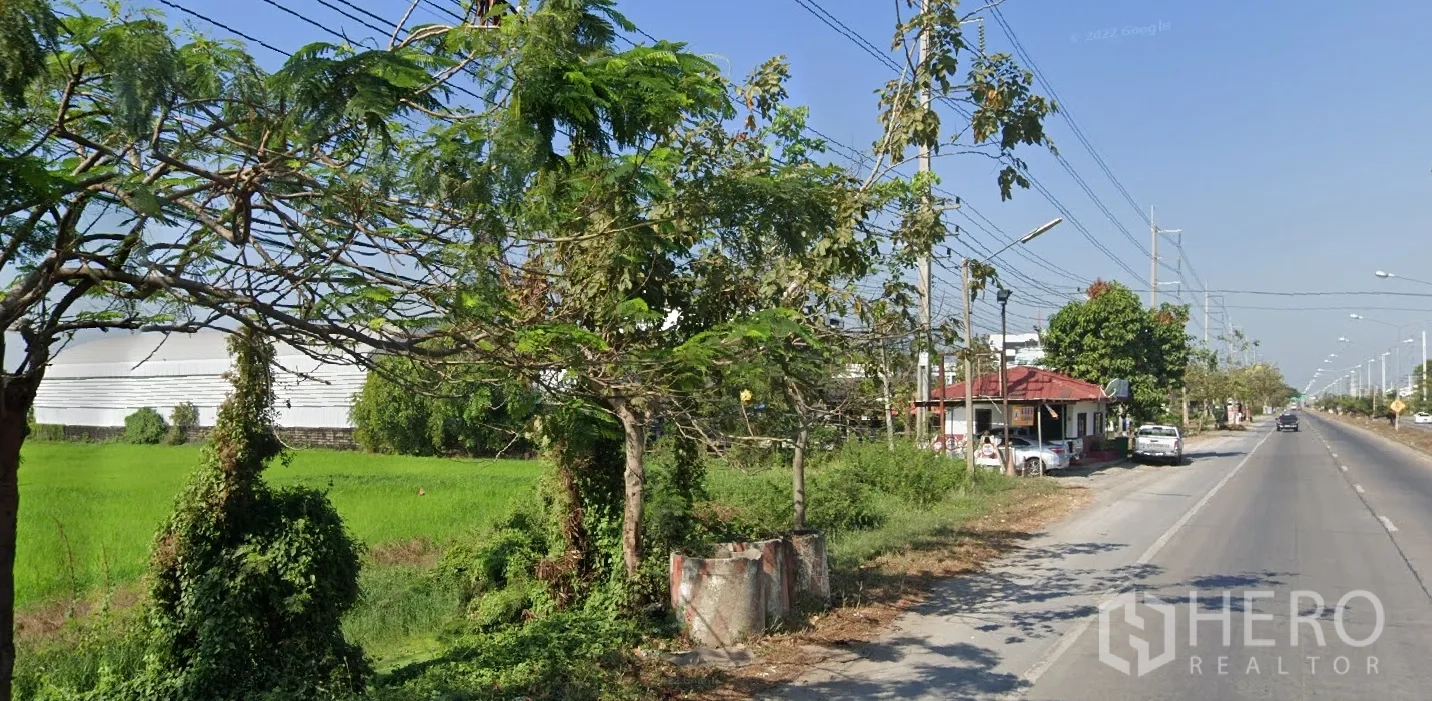 Land for sale in Lat Lum Kaeo, Pathum Thani - Close roadside greenery with the open field and nearby warehouse buildings behind.