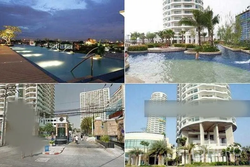 Condominium for rent in Bang Kho Laem, Bangkok - Facilities collage showing infinity-edge pool, resort-style lagoon pool, secure entrance and modern tower exterior.