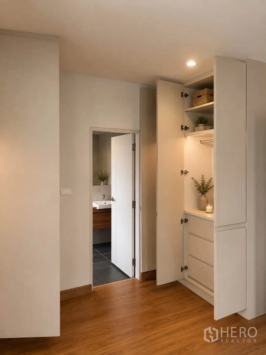 独栋房屋 for rent in Bang Phli, Samut Prakan - 卧室一角带开放衣柜，可见套内卫浴入口。