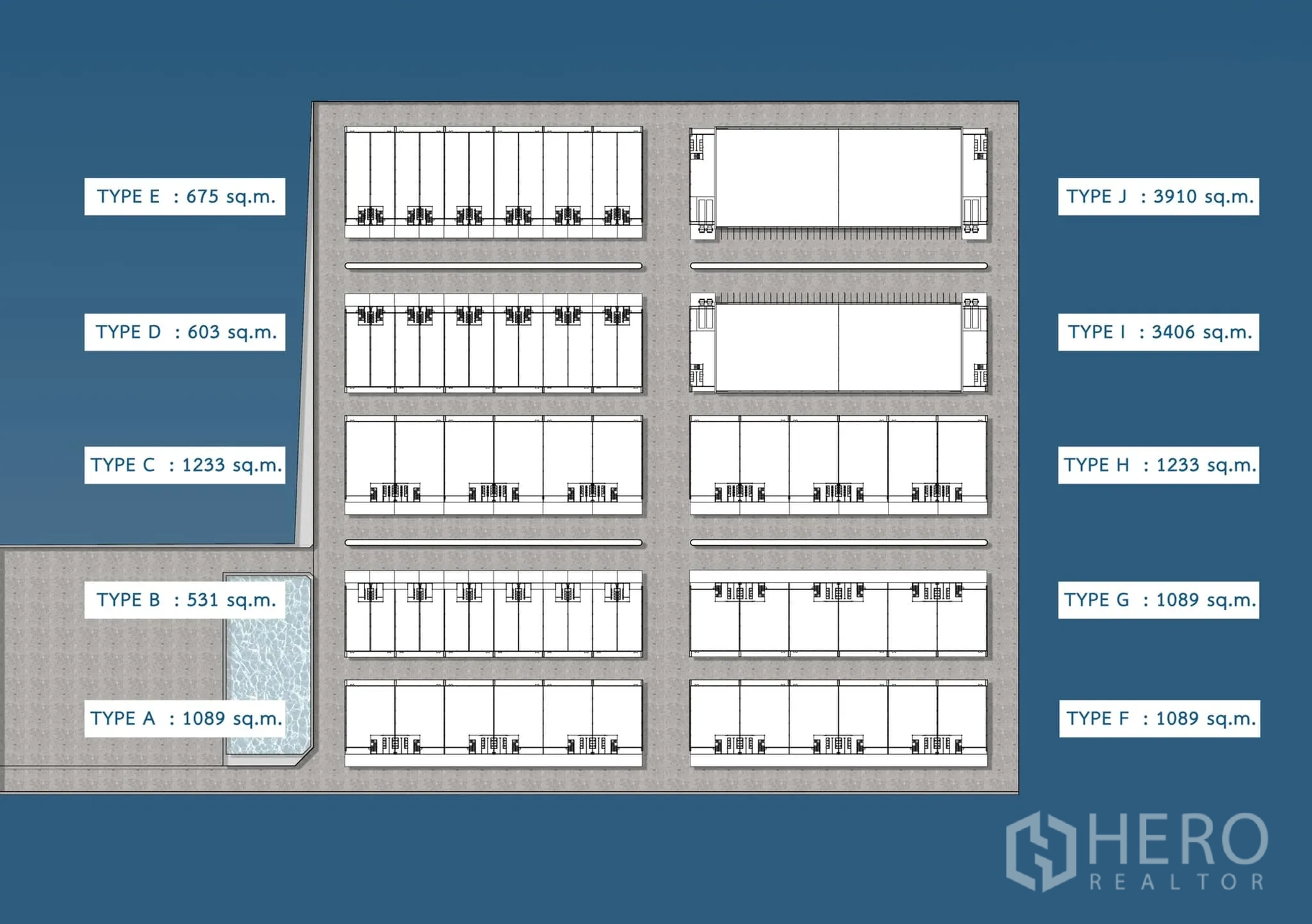 Factory for rent in Khlong Luang, Pathum Thani - Master site plan of the industrial estate indicating locations of each warehouse type.