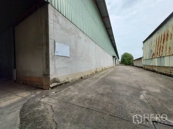 Warehouse for rent in Lat Lum Kaeo, Pathum Thani - Exterior view of a metal-clad warehouse with a wide concrete driveway suitable for trucks.