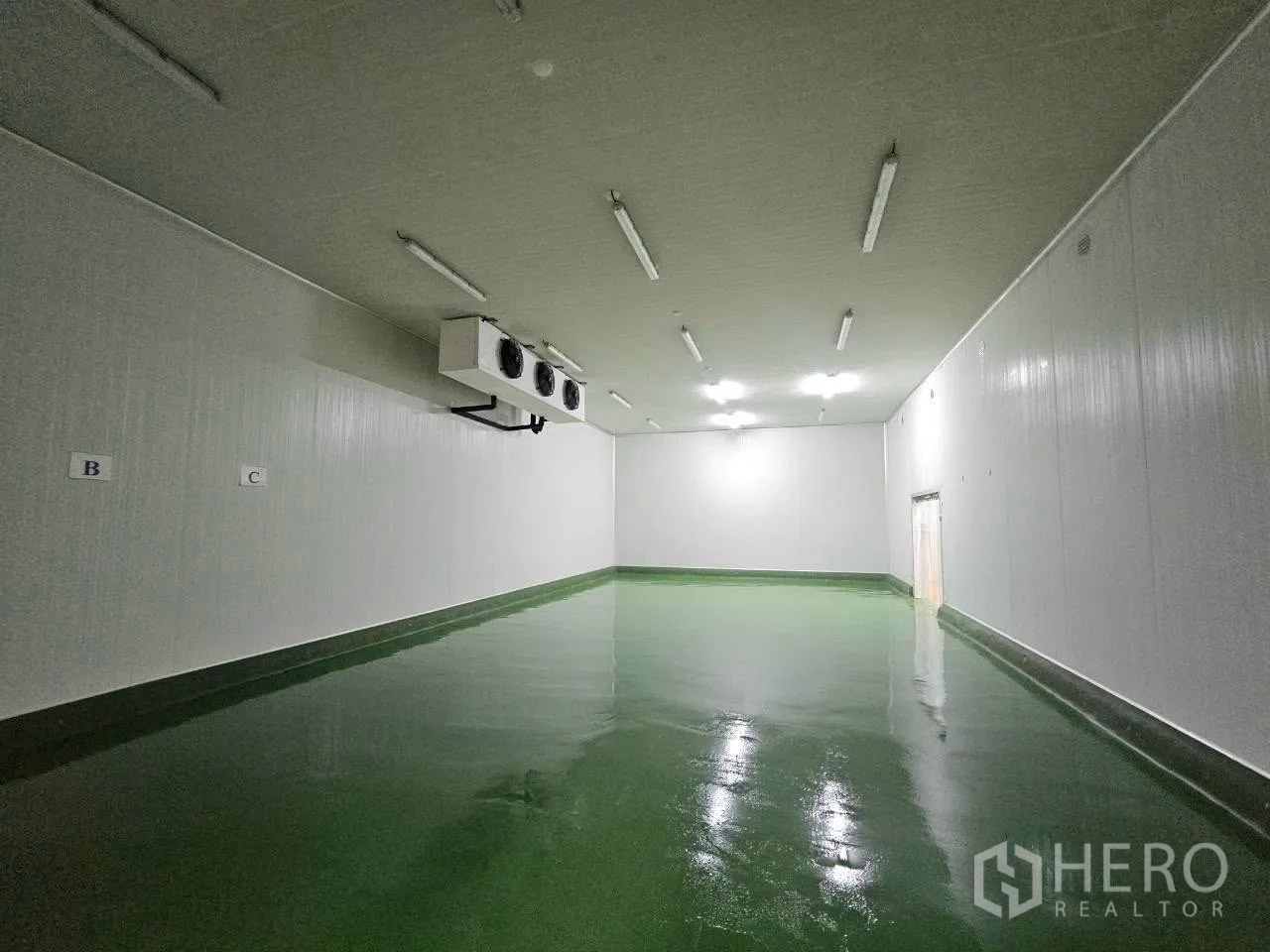 工厂 for rent in Mueang Samut Sakhon, Samut Sakhon - 冷库另一角度，光滑绿地面与照明。