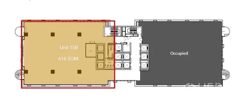 办公空间 出租在Bang Rak, Bangkok - 平面图标注Unit 15B，616平方米办公区与电梯核心。