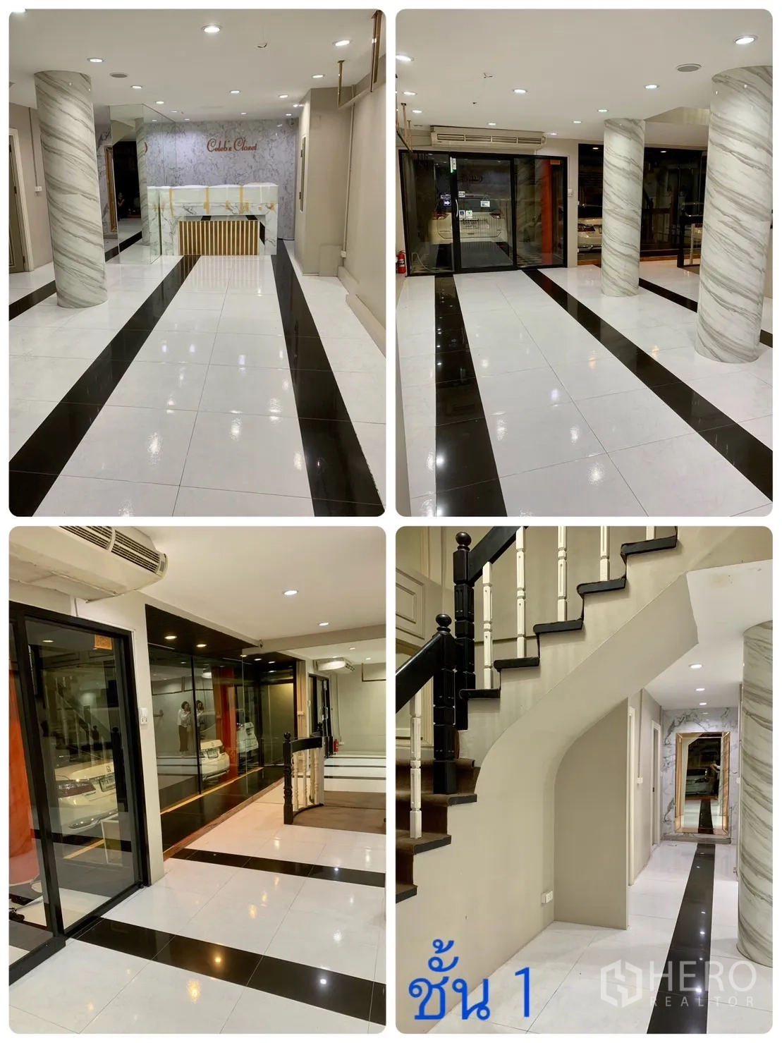 Home Office for rent in Watthana, Bangkok - Elegant ground-floor reception area featuring marble-look columns, glass doors and a feature staircase.