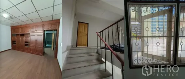 店屋 出租在Bang Rak, Bangkok - 带木质嵌入式柜、室内楼梯和装饰防盗窗的房间。