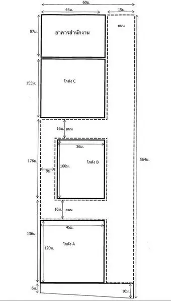 Warehouse for sale in Wang Noi, Phra Nakhon Si Ayutthaya - Site plan showing office building and three warehouse blocks with internal roads and dimensions.