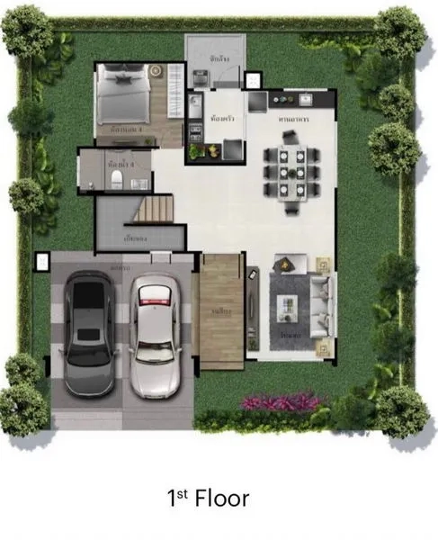 独立式住宅 出售在Bang Kapi, Bangkok - 一层平面图，开放式客餐厨、首层卧室与双车位车库。