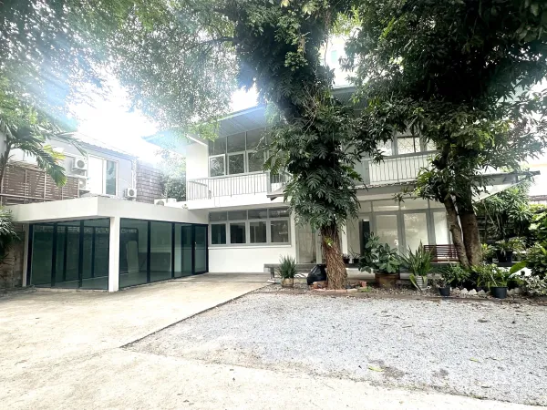 บ้าน ให้เช่าในWatthana, Bangkok - บ้านเดี่ยวสองชั้นสีขาวในเขตวัฒนา มีต้นไม้ใหญ่ ลานจอดรถคอนกรีตและกรวด พร้อมหน้าต่างบานกว้าง.