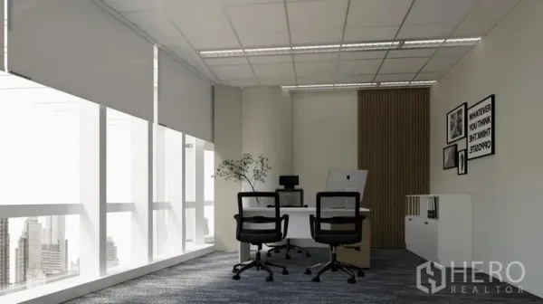 Office Space for rent in Dusit, Bangkok - Private executive office with two visitor chairs, desk and full-height windows overlooking the skyline.