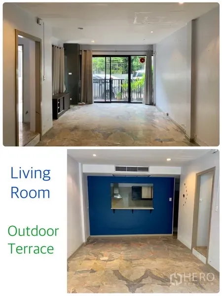 联排别墅 出租在Watthana, Bangkok - 宽敞客厅，通过大推拉门连接户外露台。