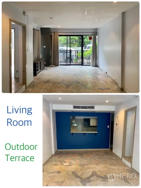 联排别墅 出租在Watthana, Bangkok - 宽敞客厅，通过大推拉门连接户外露台。