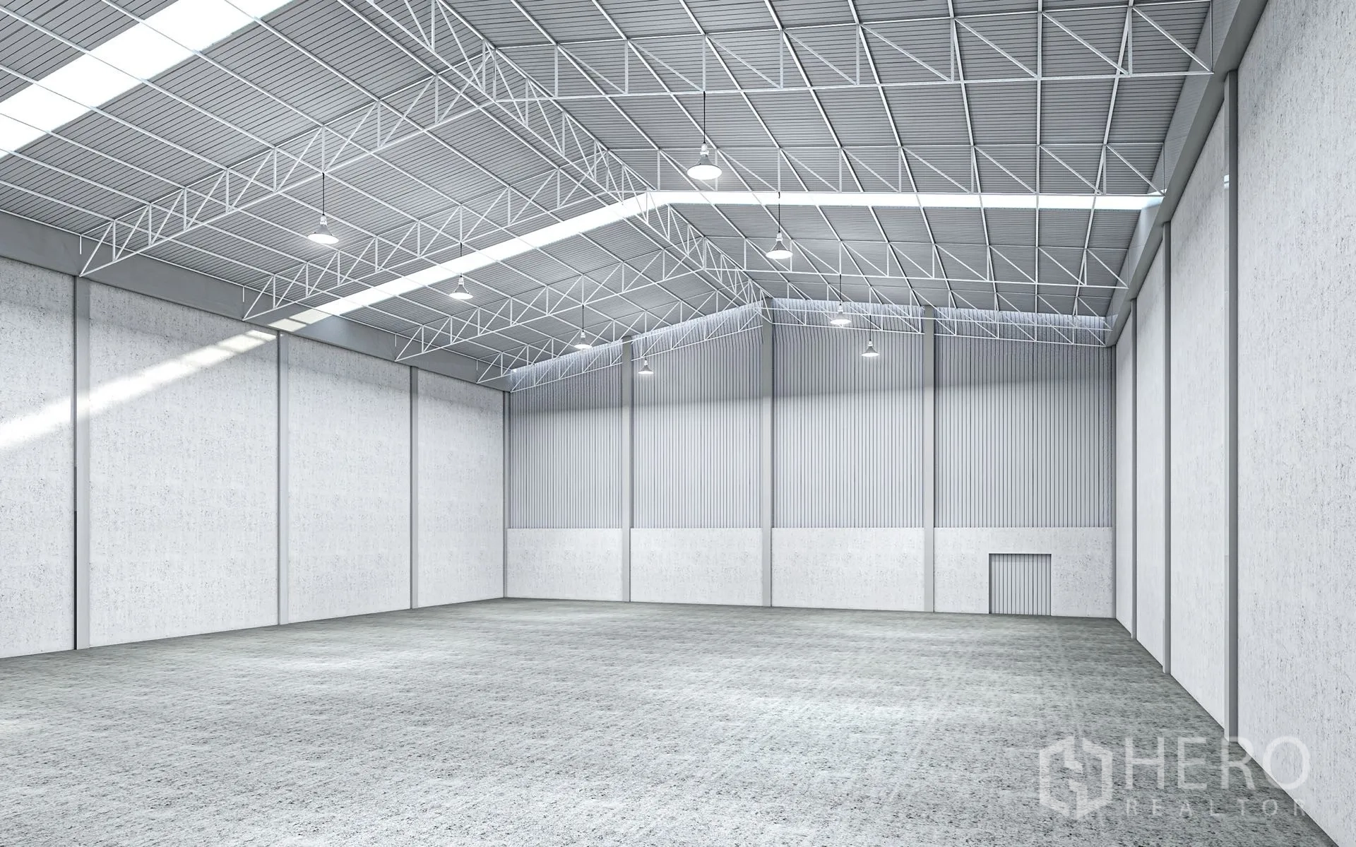 Factory for rent in Pathum Thani - 3D render of a modern warehouse interior with steel truss roof and bright lighting.