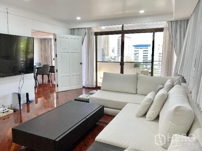 คอนโด ให้เช่าในKhlong Toei, Bangkok - ห้องนั่งเล่นพร้อมโซฟาตัวแอล ทีวีติดผนัง และหน้าต่างเต็มบานเชื่อมระเบียงชมวิวเมือง