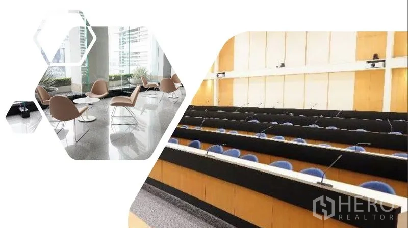 Office Space for rent in Bang Rak, Bangkok - Business lounge seating and a large conference room with tiered desks and AV.