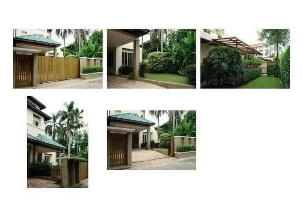 Detached House for rent in Phaya Thai, Bangkok - Collage of a detached house in Phaya Thai with gated entrance, driveway, covered terrace and manicured tropical garden.