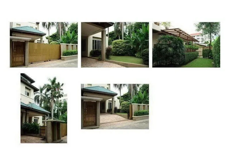 Detached House for rent in Phaya Thai, Bangkok - Collage of a detached house in Phaya Thai with gated entrance, driveway, covered terrace and manicured tropical garden.