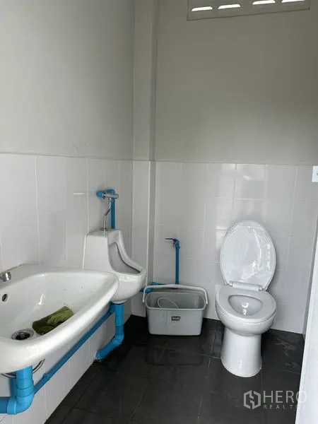 คลังสินค้า ให้เช่าในWang Noi, Phra Nakhon Si Ayutthaya - ห้องน้ำโกดังพร้อมอ่างล้างหน้า โถปัสสาวะ และโถส้วมในห้องกระเบื้อง