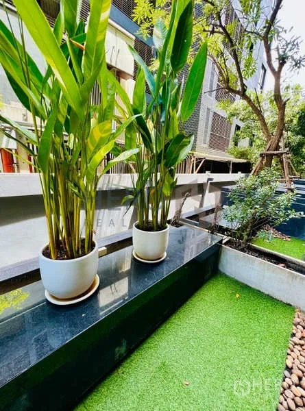 คอนโด ขาย - มุมสวนภายนอกขนาดเล็กมีต้นไม้กระถางและหญ้าเทียม