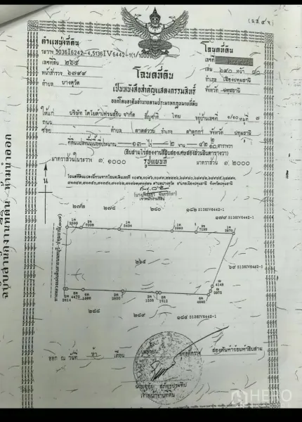 Land for sale in Pathum Thani - Thai land title deed showing surveyed parcel map, boundary points, and official stamp for a plot in Mueang Pathum Thani.