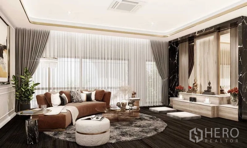 Detached House for sale in Prawet, Bangkok - Multi-purpose lounge with feature altar-style wall, marble accents and soft seating.