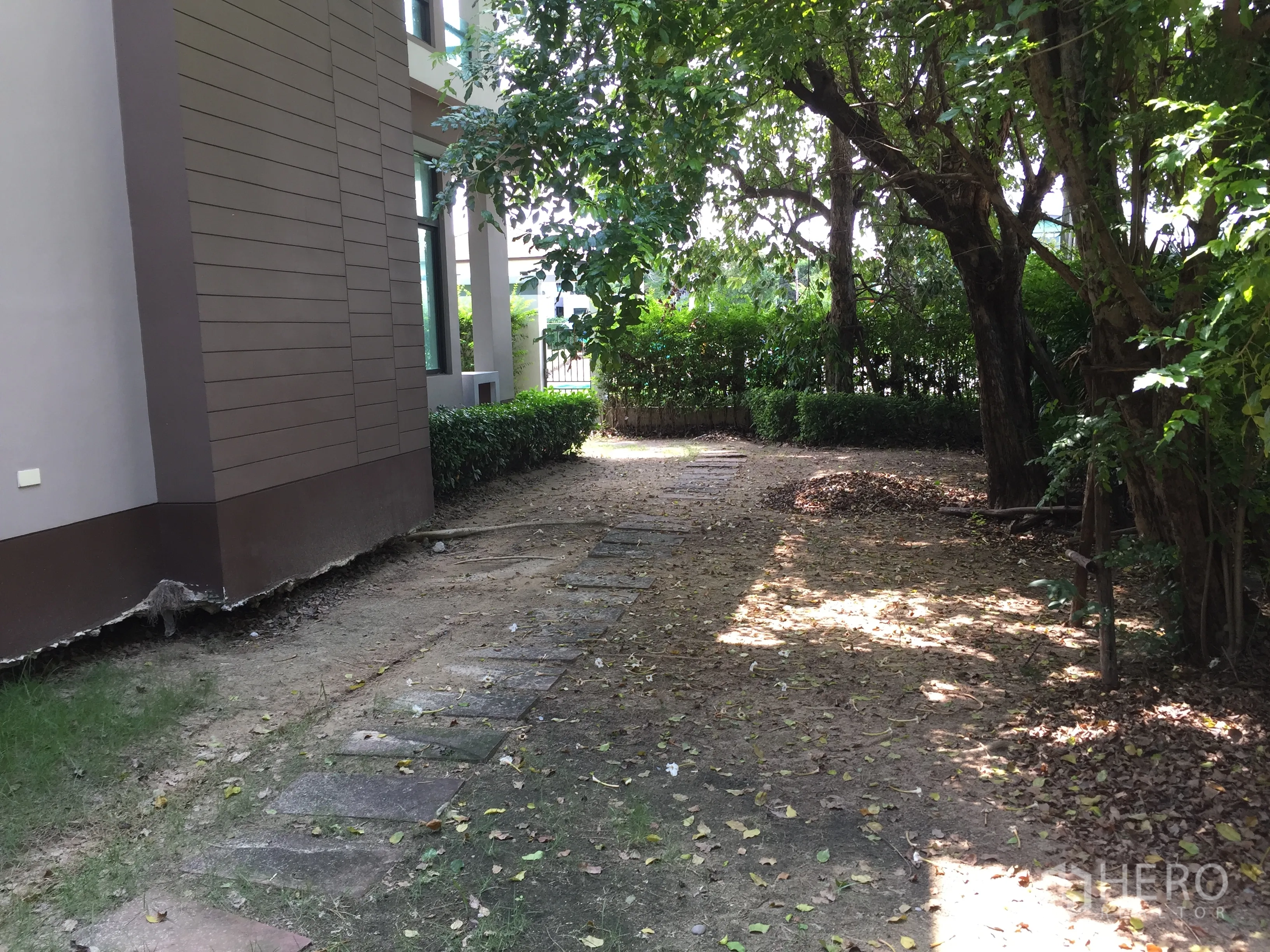 Detached House for rent or sale in Prawet, Bangkok - Shaded side garden with mature trees, hedge boundary and stepping stones.