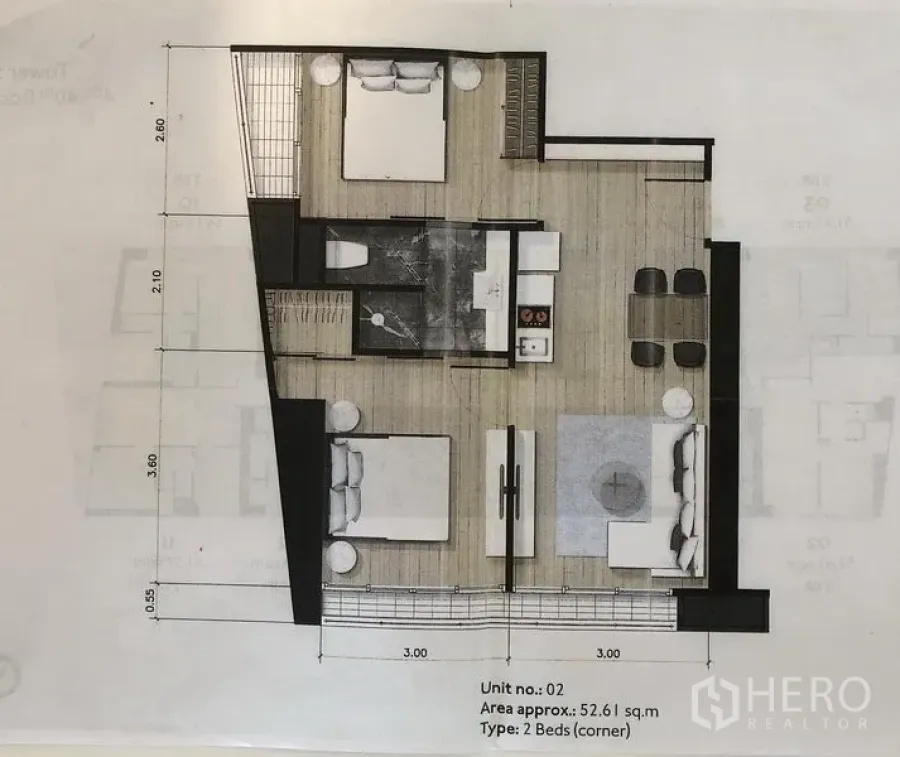 Condominium for sale in Khlong Toei, Bangkok - 52 sqm corner unit floor plan showing two bedrooms, one bathroom, and open living with kitchen.