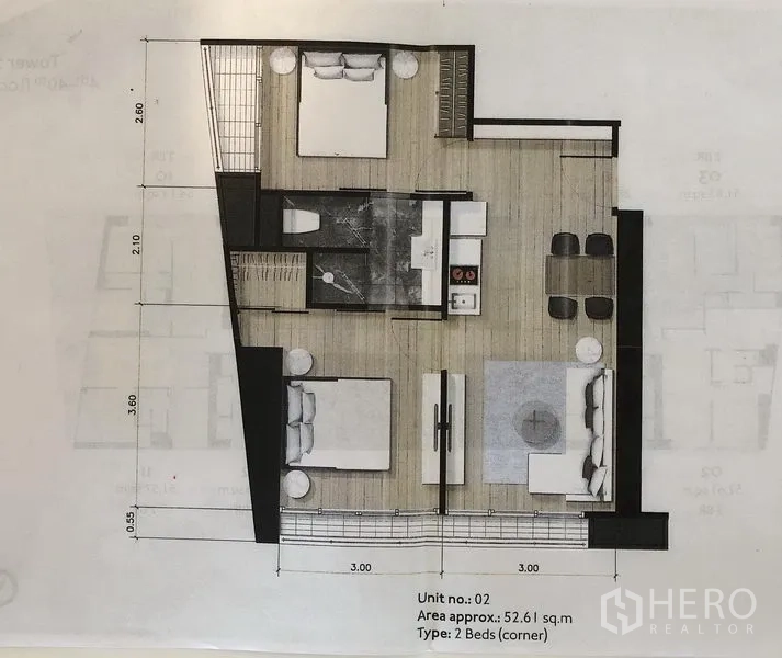 Condominium for sale in Khlong Toei, Bangkok - 52 sqm corner unit floor plan showing two bedrooms, one bathroom, and open living with kitchen.