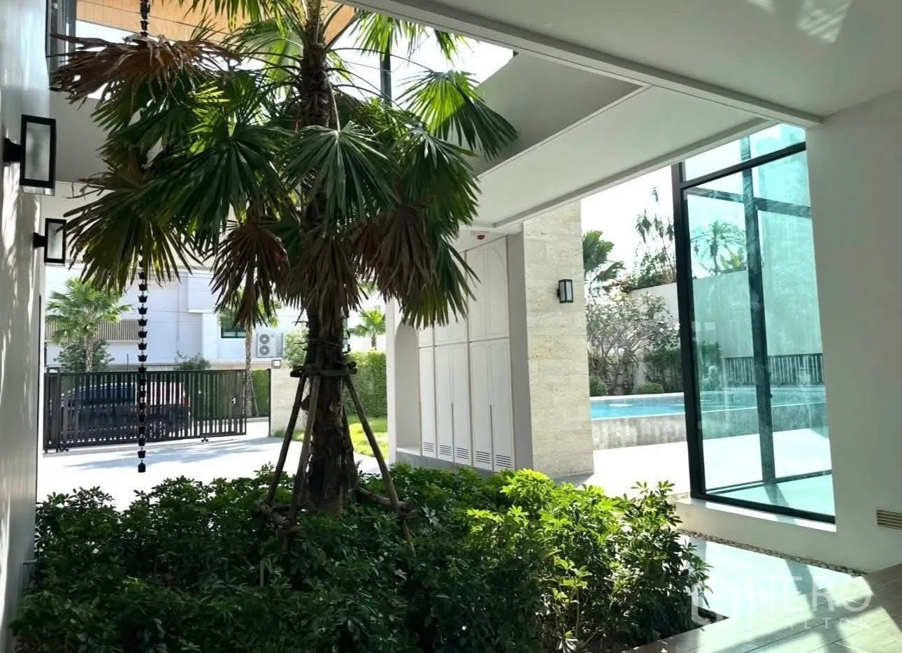 บ้านเดี่ยว for sale in Bang Khen, Bangkok - คอร์ตยาร์ดจัดสวนพร้อมต้นปาล์มข้างพื้นที่ครอบคลุมและสระว่ายน้ำ