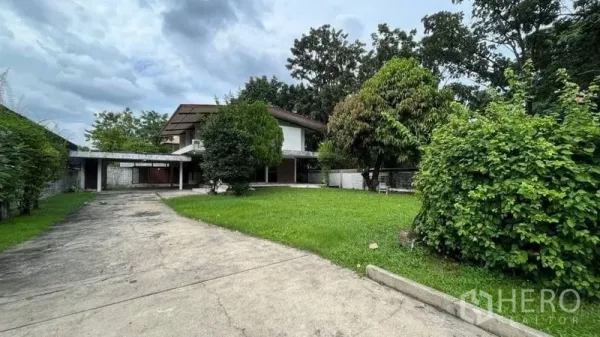 独立式住宅 出租 - 通往房屋的长车道，前院大草坪与成树