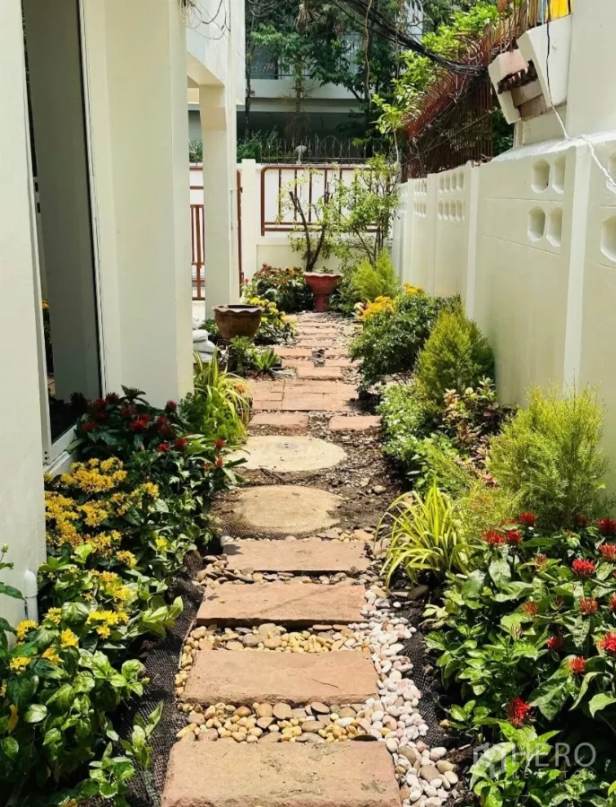 บ้าน ให้เช่า - ทางเดินสวนข้างบ้าน ปูก้อนหินสเต็ปและไม้ประดับหลากสี.
