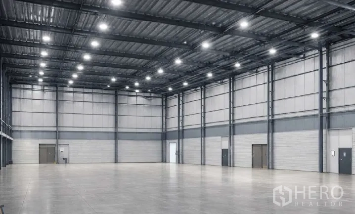 Factory for rent in Bang Pakong, Chachoengsao - Industrial hall with tall walls, multiple doors, LED lighting, and smooth load‑bearing floor.