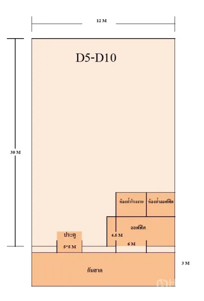 Factory for rent in Khlong Luang, Pathum Thani - Factory floor plan showing 12x30 m hall, two-storey office and restroom layout.