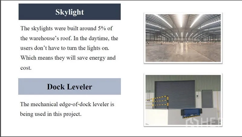 工厂 出租在Mueang Rayong, Rayong - 信息图展示采光天窗节能优势与登车桥配置并配有示意照片。
