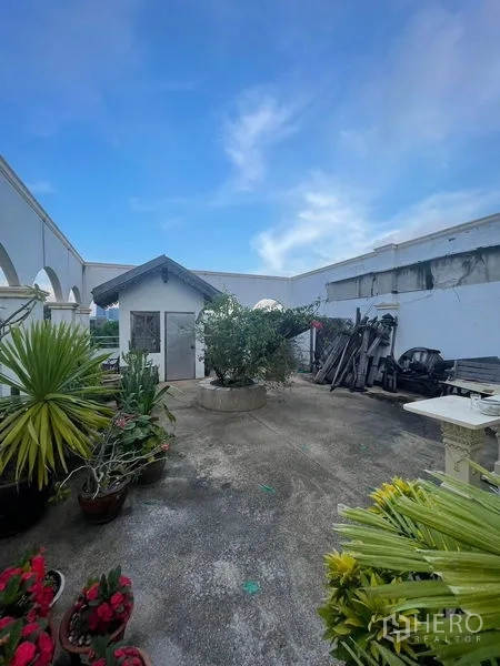 Home Office for sale in Yan Nawa, Bangkok - Rooftop courtyard with potted plants and a small shed under a blue sky.