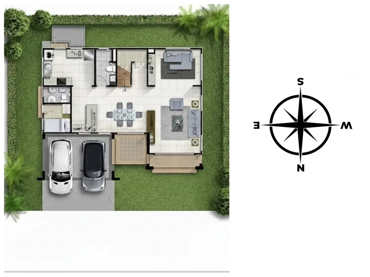 独栋房屋 for rent or sale in Bang Phli, Samut Prakan - 一层平面图，展示双车位车库、客餐厅、厨房与花园，并标注罗盘方向。