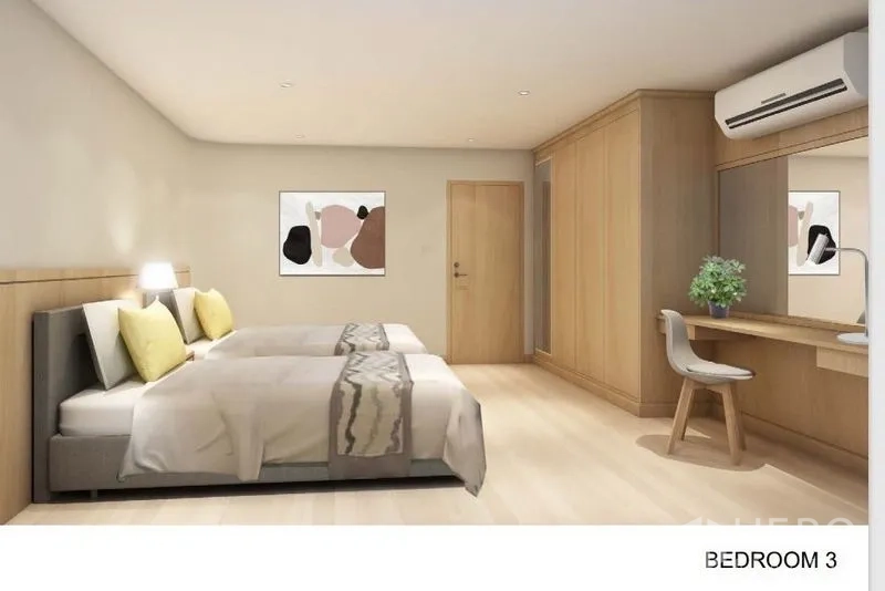 อพาร์ทเมนท์ ให้เช่าในKhlong Toei, Bangkok - ห้องนอนพร้อมเตียงคู่ ตู้เสื้อผ้าบิวท์อิน โต๊ะเครื่องแป้ง และแอร์แขวนผนัง