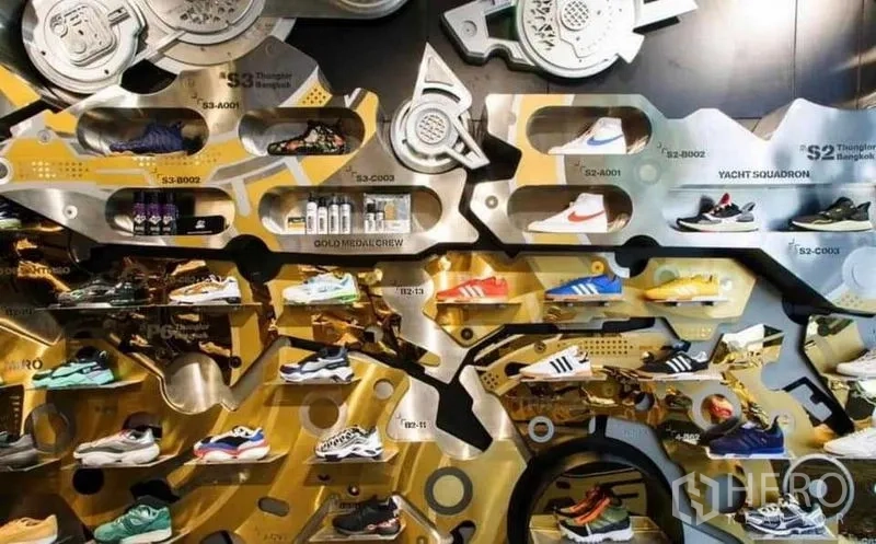 อาคารพาณิชย์ ให้เช่าในKhlong Toei, Bangkok - ภาพระยะใกล้ของผนังโชว์สไตล์อุตสาหกรรมสีทองเงิน พร้อมรองเท้า