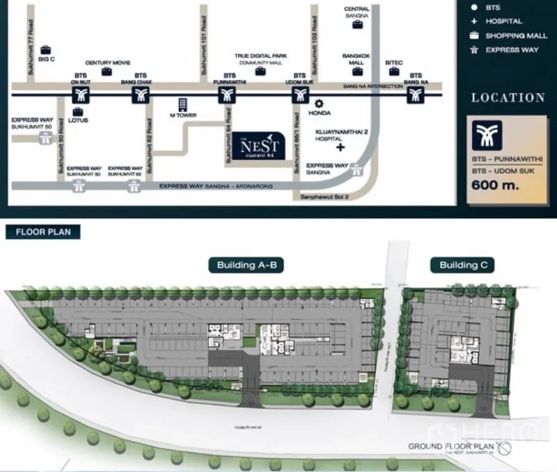 公寓 出售在Phra Khanong, Bangkok - 区位与总平面图，显示距BTS Punnawithi很近。