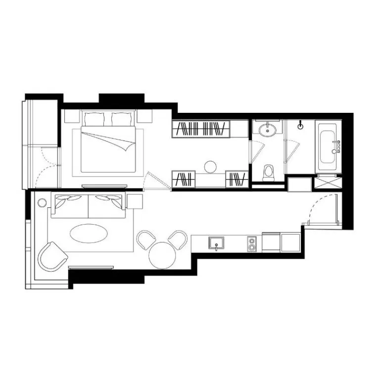 Condominium for rent in Khlong Toei, Bangkok - Floor plan of a 1-bedroom condominium with separate living room, kitchen, and bathroom.