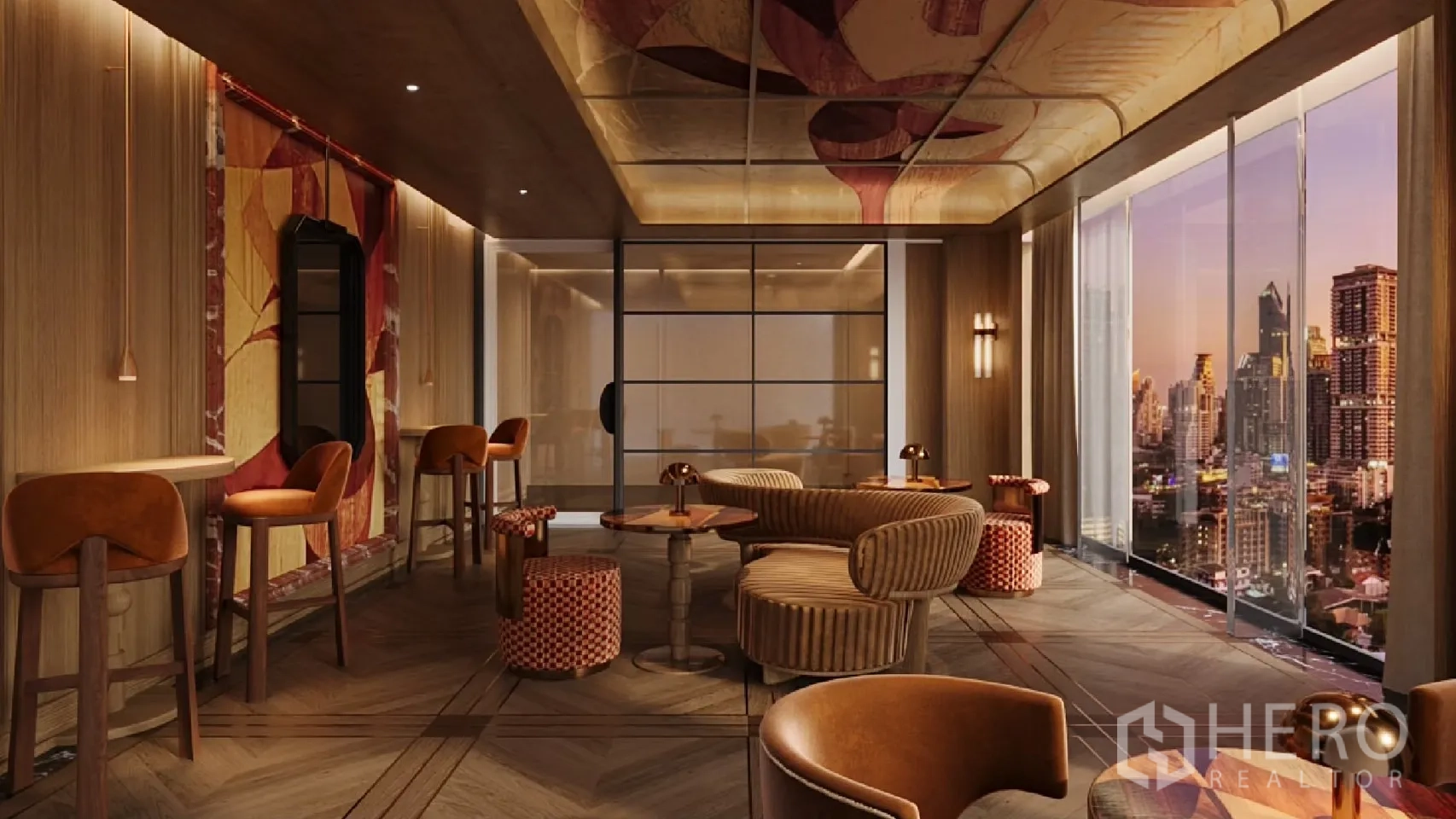 คอนโด ให้เช่า - สกายเลาจน์โทนอุ่น เห็นวิวเมืองยามเย็นแบบพาโนรามา