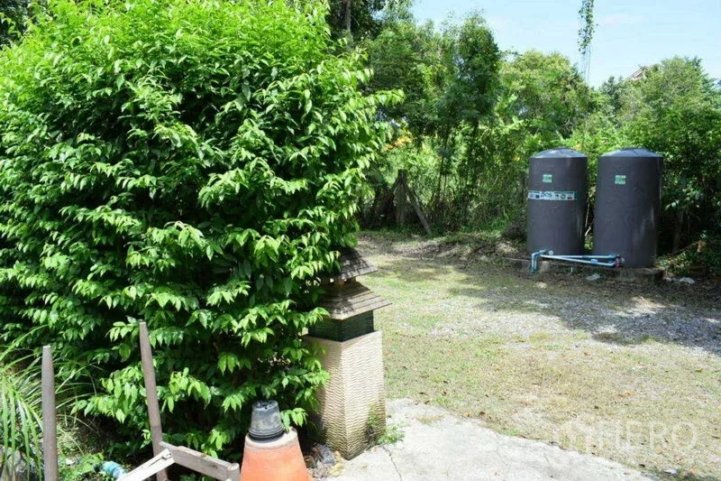 Land for sale in Khlong Luang, Pathum Thani - Utility zone with twin water tanks and a dense hedge.
