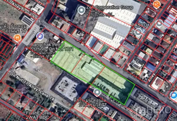 ที่ดิน ขาย - ภาพแผนที่ดาวเทียมแสดงขอบเขตแปลงที่ดินทรงสี่เหลี่ยมไฮไลต์สีเขียวในเขตสวนหลวง กรุงเทพฯ ใกล้พื้นที่รถไฟฟ้า BTS อ่อนนุช รายล้อมด้วยถนนและอาคาร