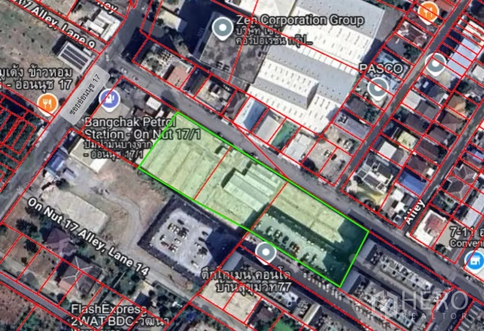 ที่ดิน ขาย - ภาพแผนที่ดาวเทียมแสดงขอบเขตแปลงที่ดินทรงสี่เหลี่ยมไฮไลต์สีเขียวในเขตสวนหลวง กรุงเทพฯ ใกล้พื้นที่รถไฟฟ้า BTS อ่อนนุช รายล้อมด้วยถนนและอาคาร